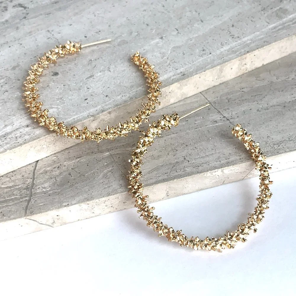 NEW ~ Anthropologie Gold Textured Hoop Earrings